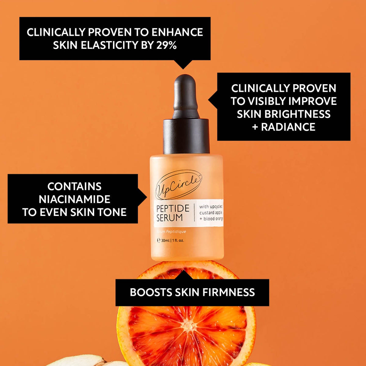 Peptide serum bottle with black dropper cap and peach label