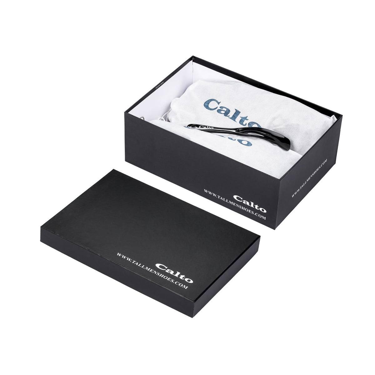 Black nubuck zipper boots in open shoe box with tissue wrap