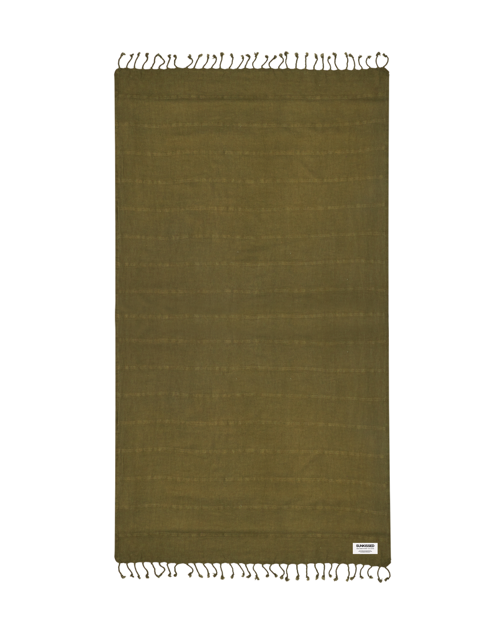 Olive green sand-free beach towel with woven texture and fringe, hanging flat.