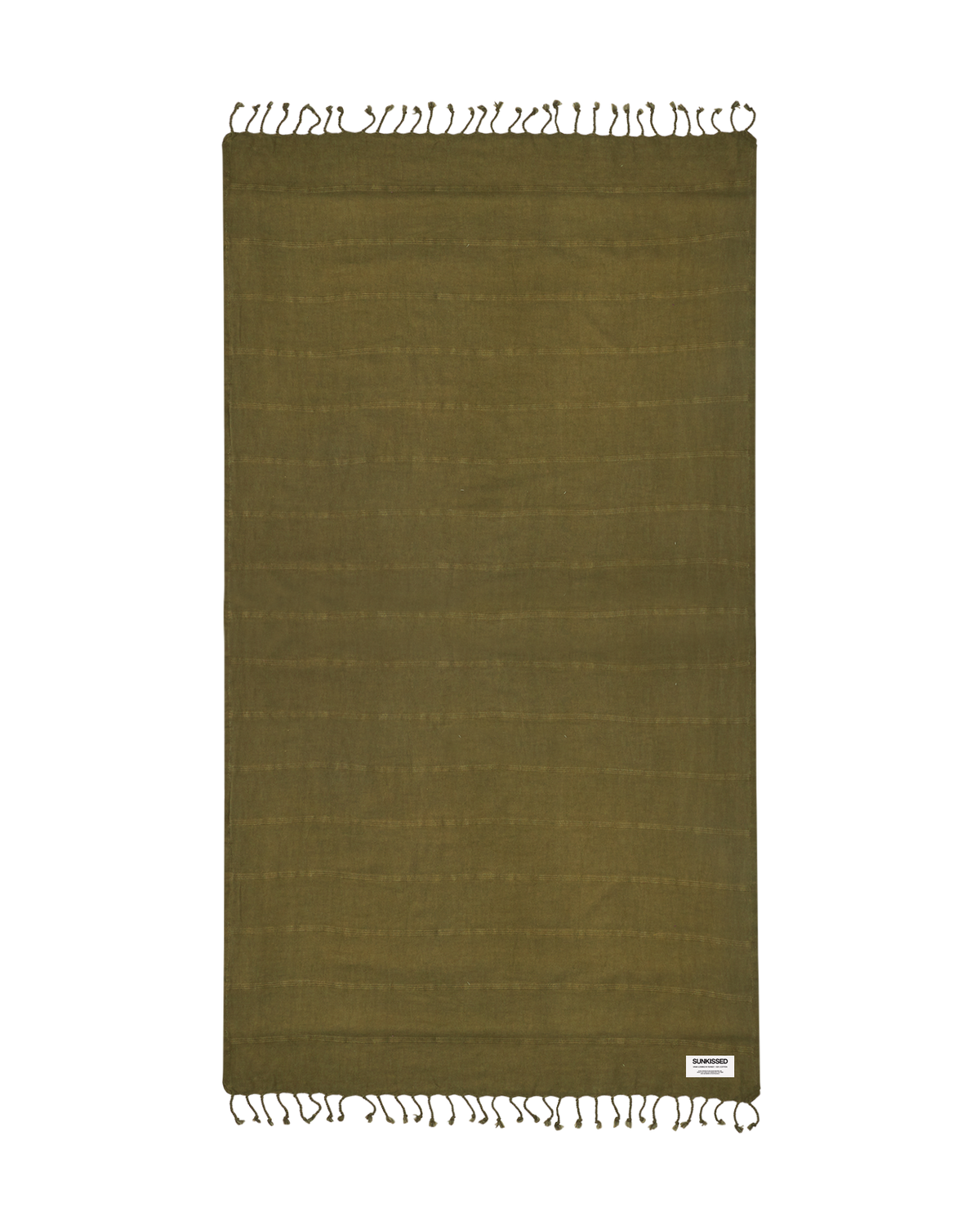 Olive green sand-free beach towel with woven texture and fringe, hanging flat.