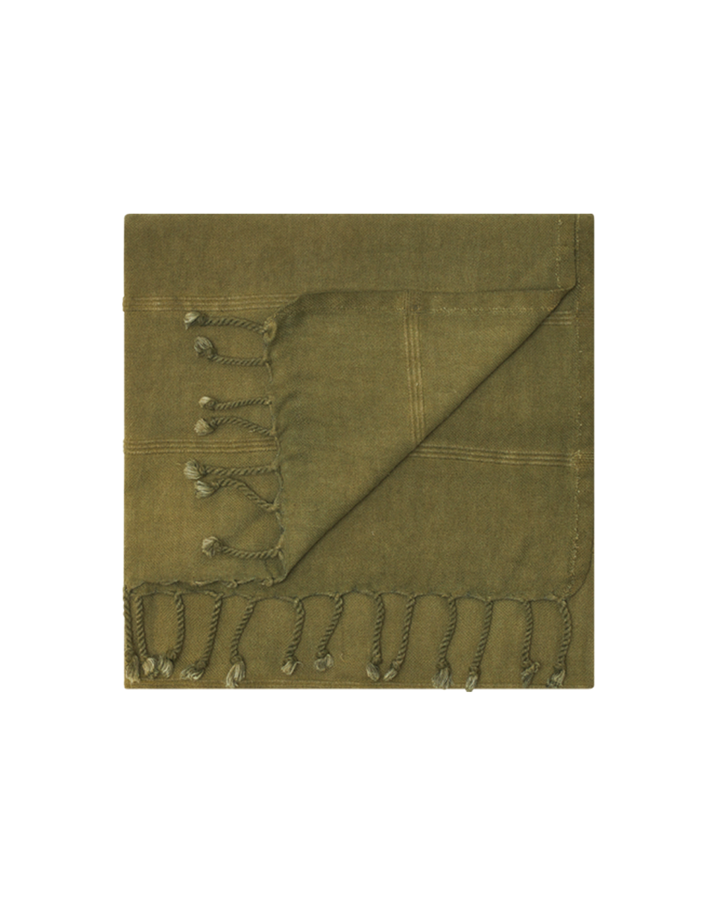 Olive green sand-free beach towel with diagonal stitched panel and tassel fringe.