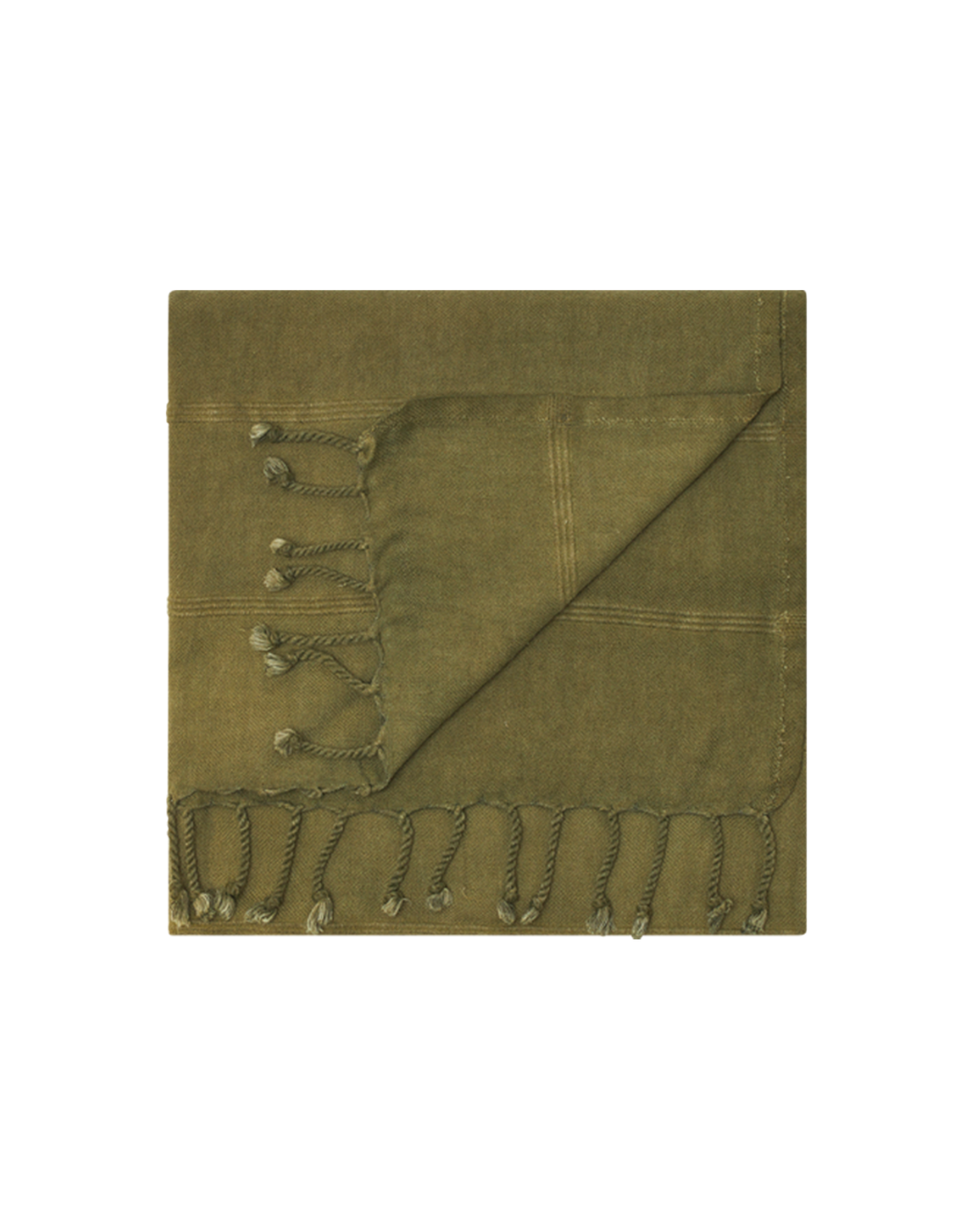 Olive green sand-free beach towel with diagonal stitched panel and tassel fringe.