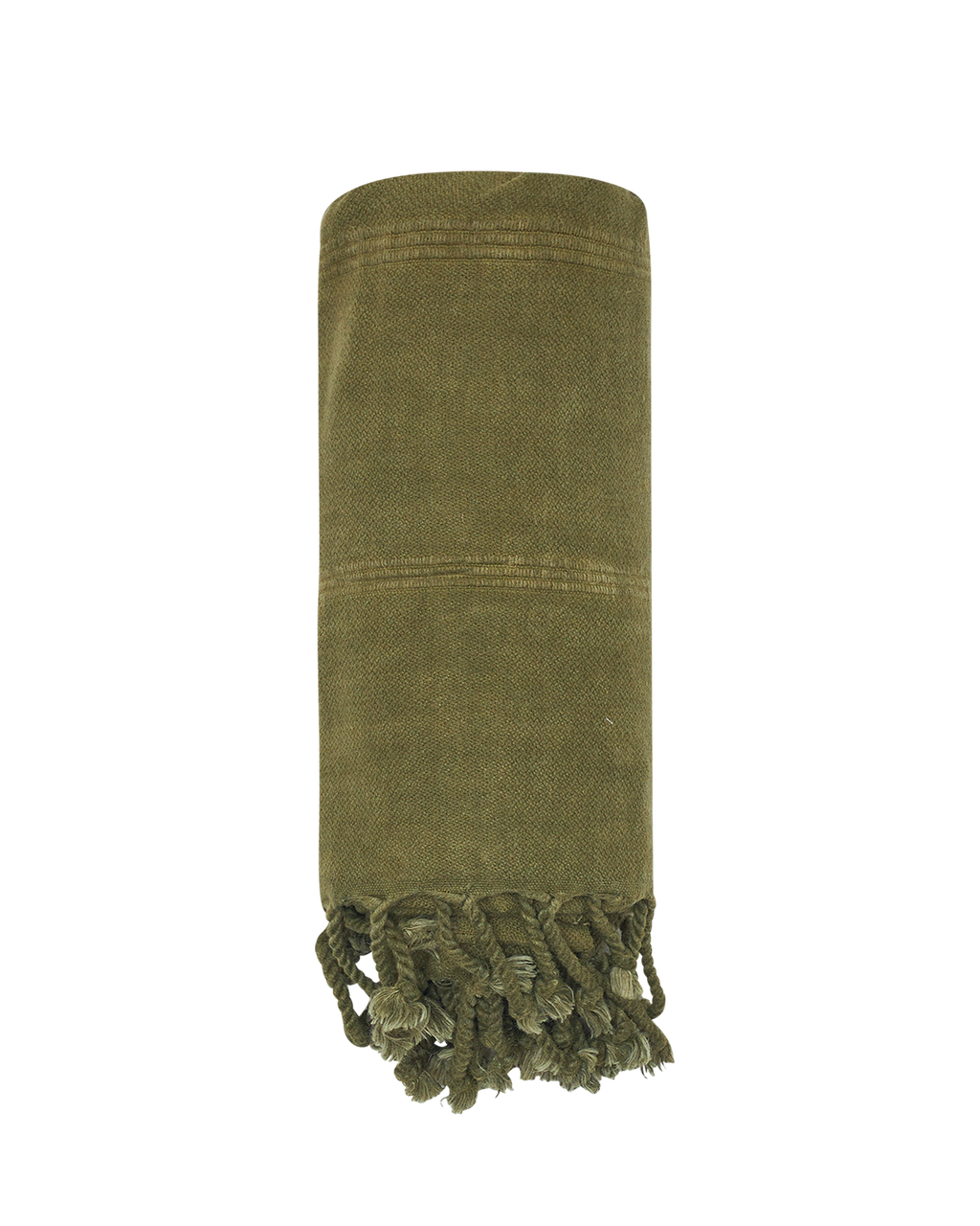 Olive green sand-free beach towel folded with tassel fringe along the bottom.