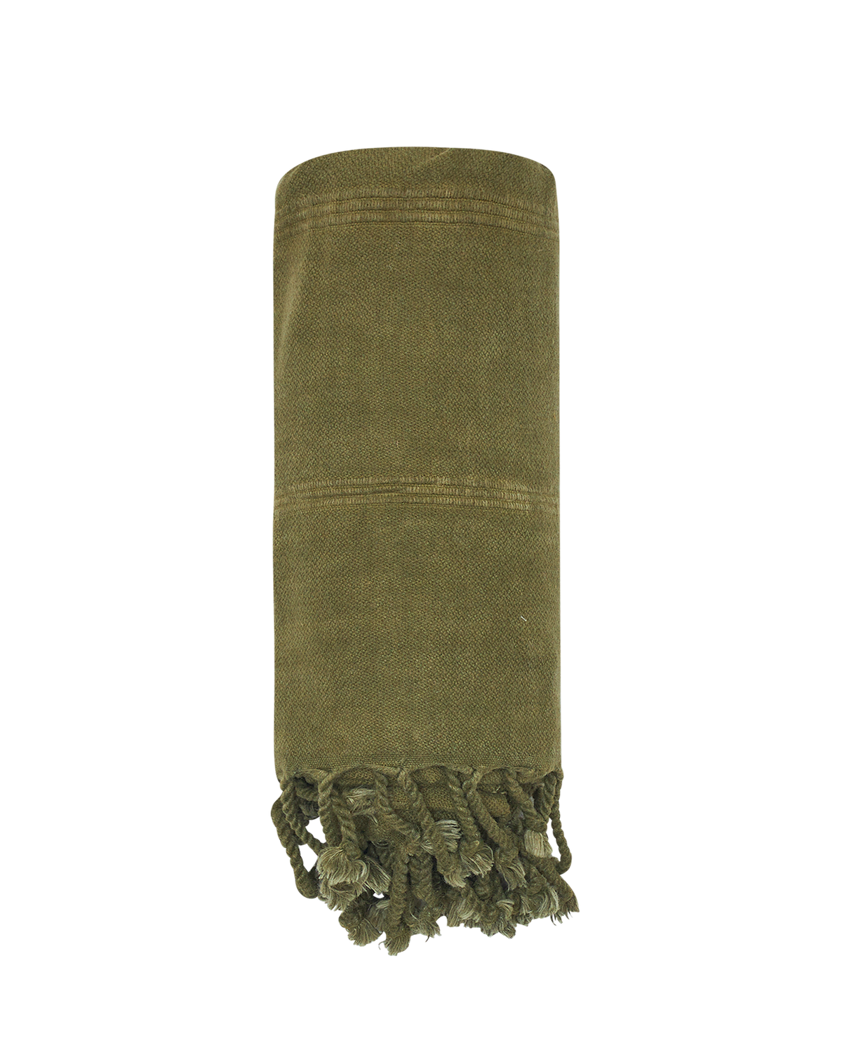 Olive green sand-free beach towel folded with tassel fringe along the bottom.