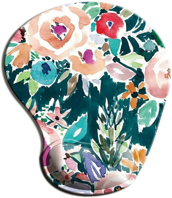 Floral ergonomic mouse pad with wrist rest, teal pink green and cream leaves