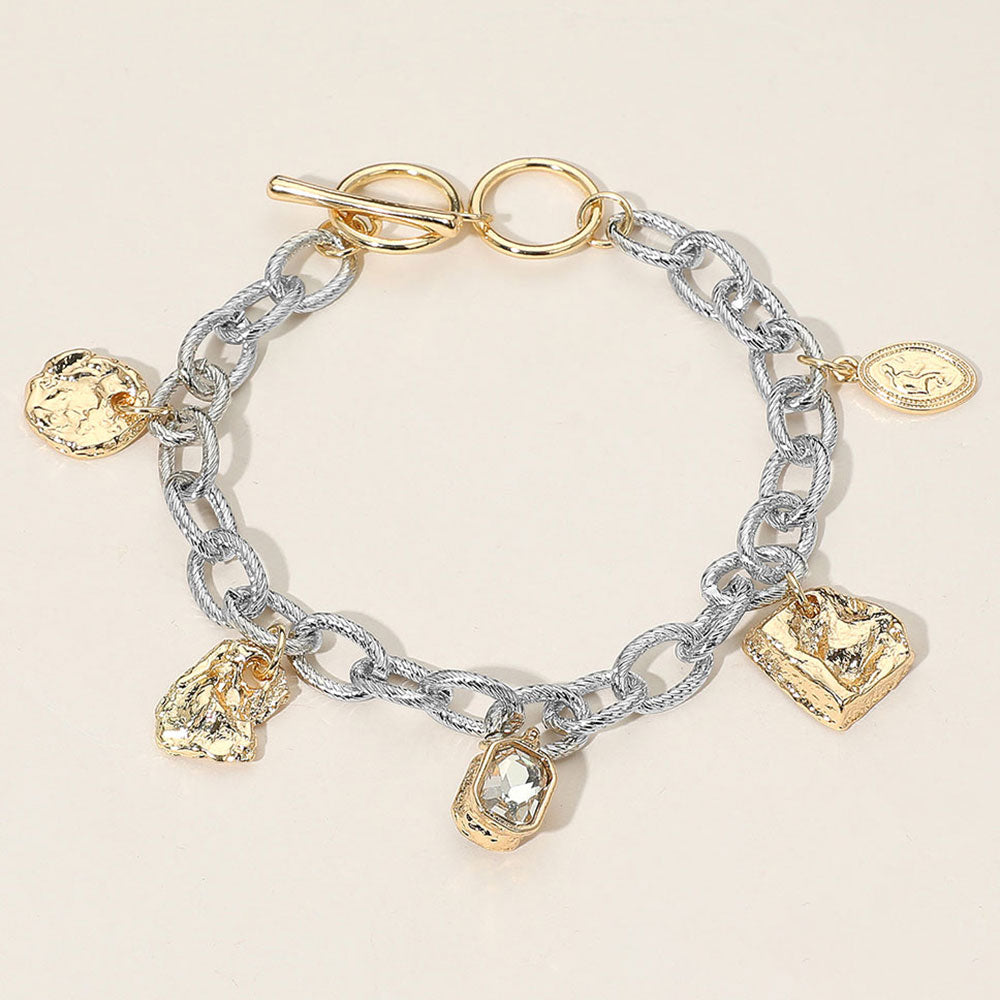 Chunky chain toggle bracelet with textured geometric charms, silver-tone and gold-tone accents