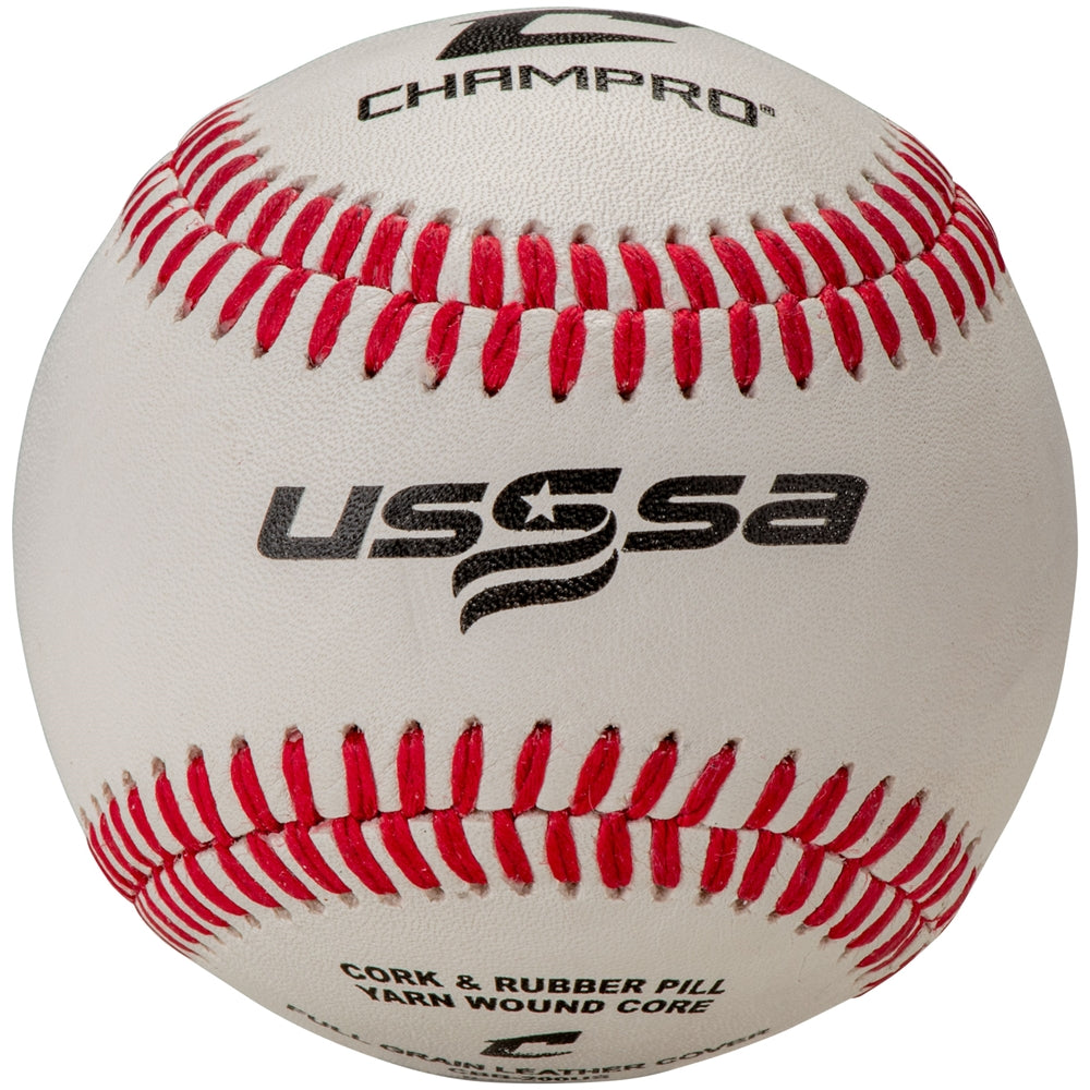 USSSA baseball, white leather with red stitched seams and black USSSA logo