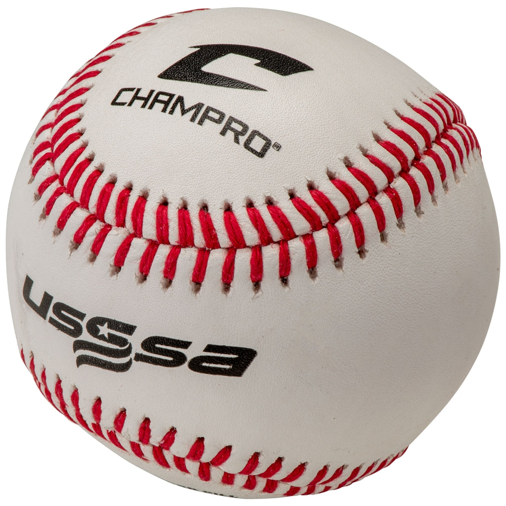 USSSA baseball, close-up of black ChampPro logo and red stitched seams