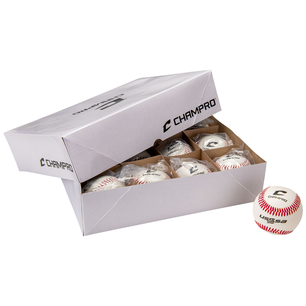 USSSA baseball set in open box, white ball with red stitched seams