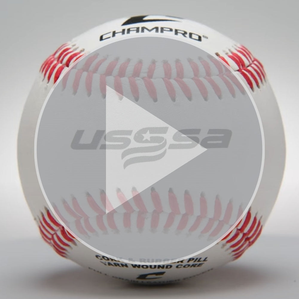 USSSA baseball, front view showing USSSA flag logo and red stitched seams