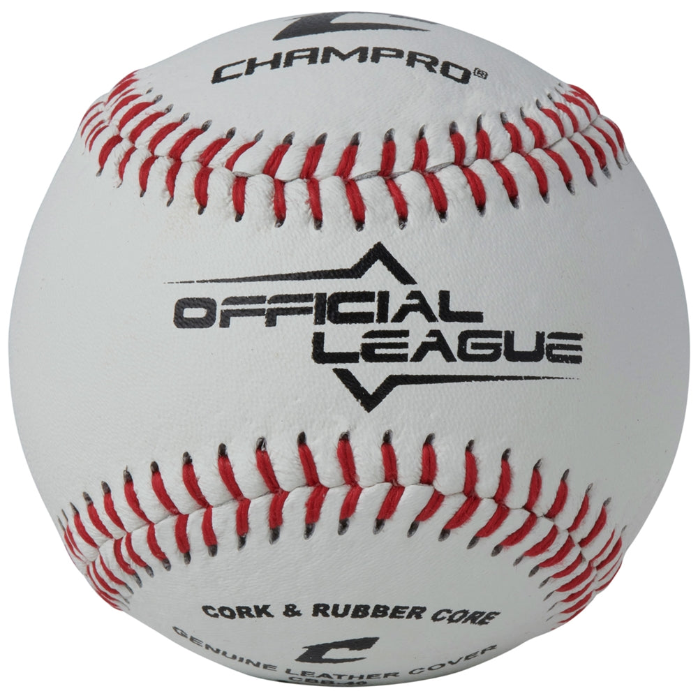 White baseball with red stitching, CHAMPRO branding, and Official League logo on front