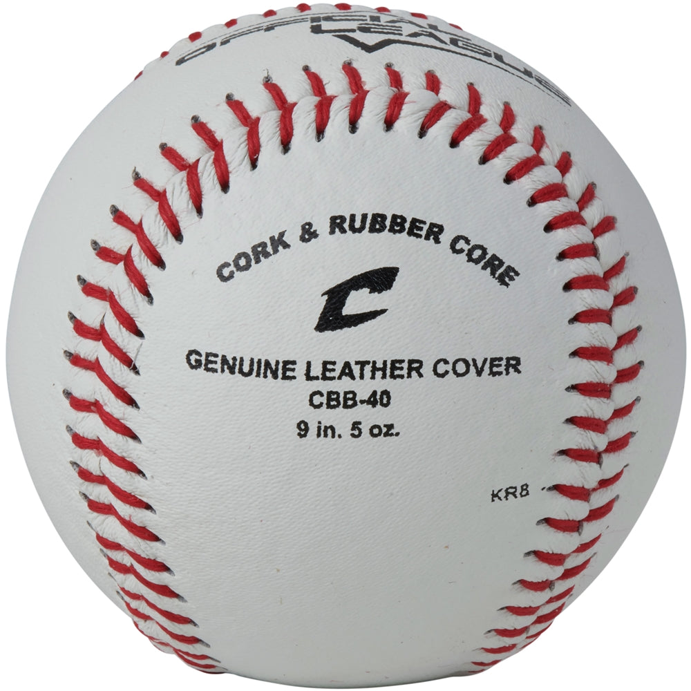 White baseball back with red stitching, CHAMPRO details, and genuine leather cover text
