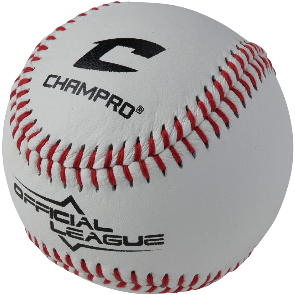 White baseball side view with red stitching and CHAMPRO logo on leather cover