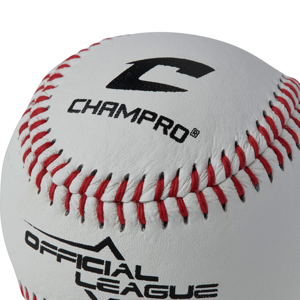 White baseball close-up showing red lacing and CHAMPRO logo plus Official League emblem