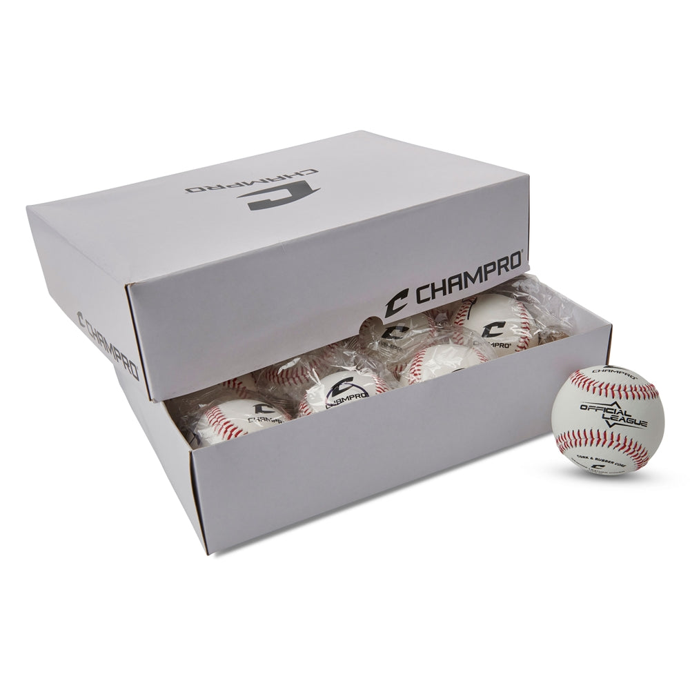 Baseball set in open box with one white ball showing red stitching and CHAMPRO logo