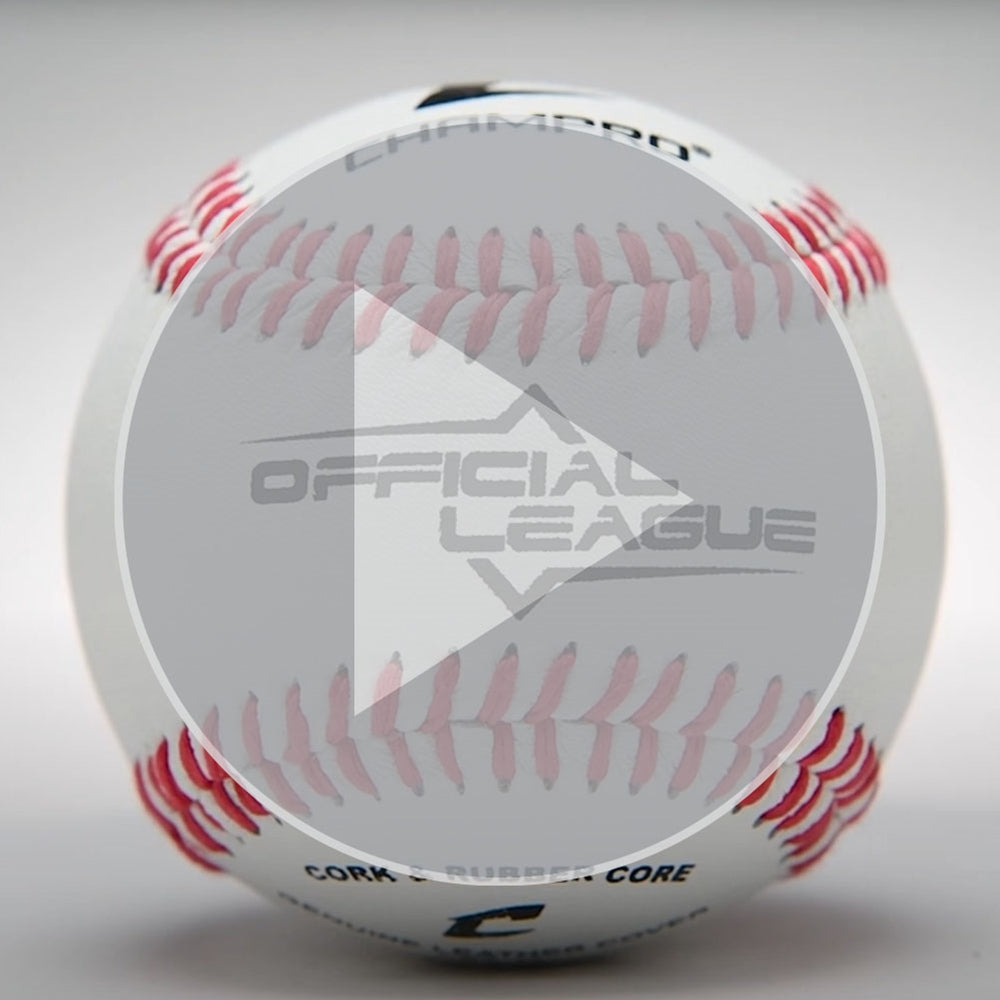 White baseball with red stitching and Official League branding centered on leather surface