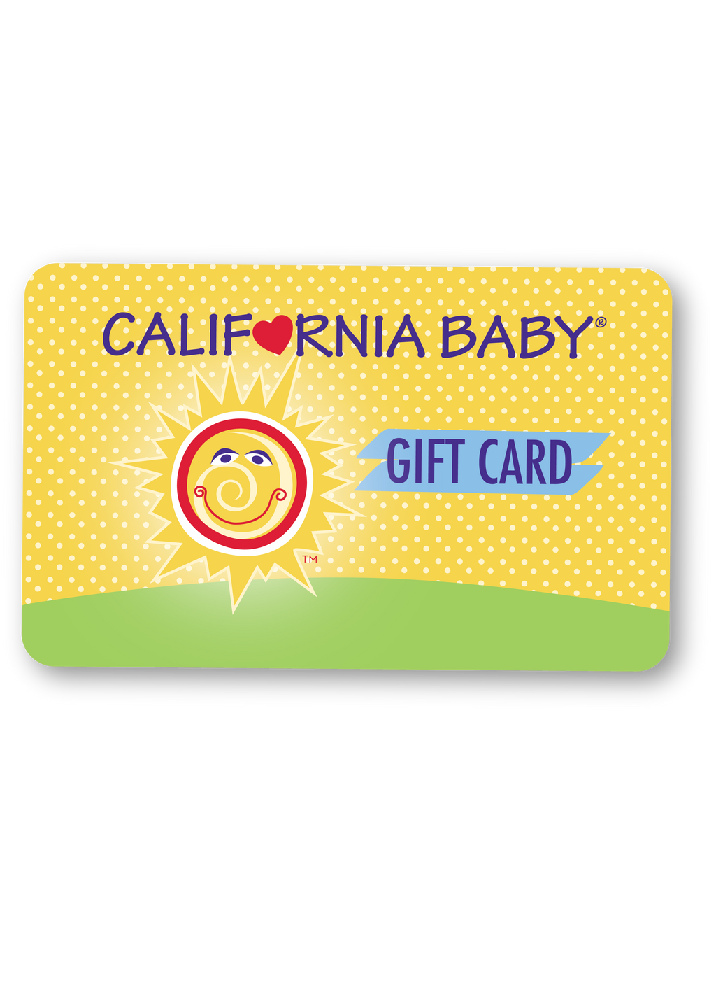 Physical gift card: yellow dotted, green bottom; 'CALIFORNIA BABY' 'GIFT CARD'.