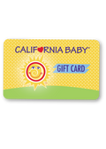 Physical gift card: yellow dotted, green bottom; 'CALIFORNIA BABY' 'GIFT CARD'.