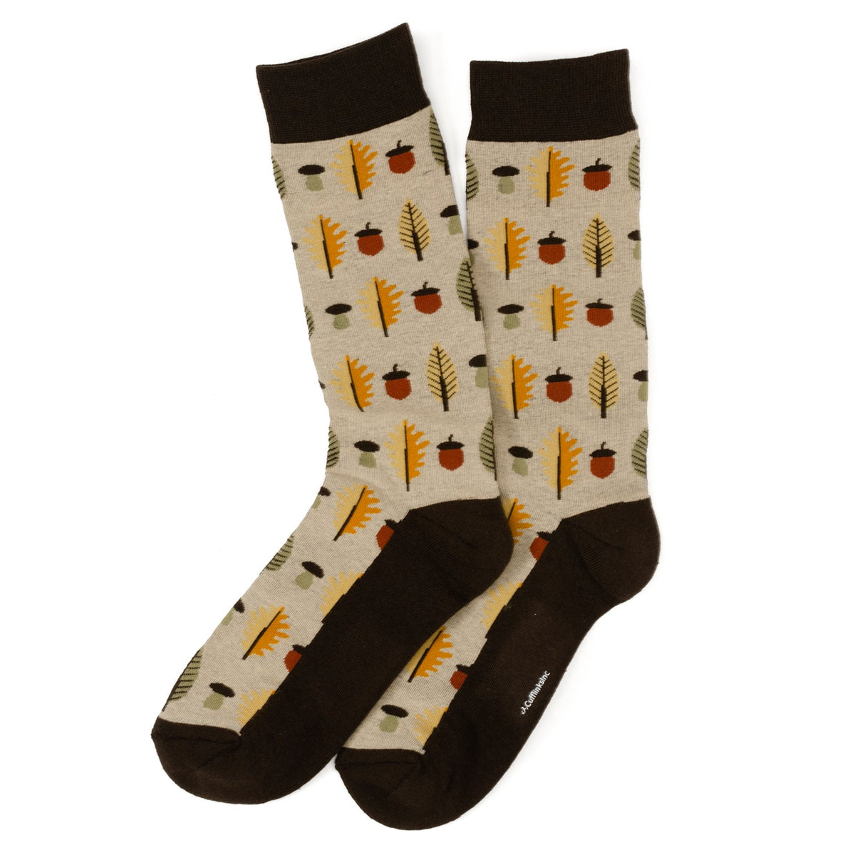 Pair of men's crew socks, tan with dark brown heels, featuring autumn trees and acorns