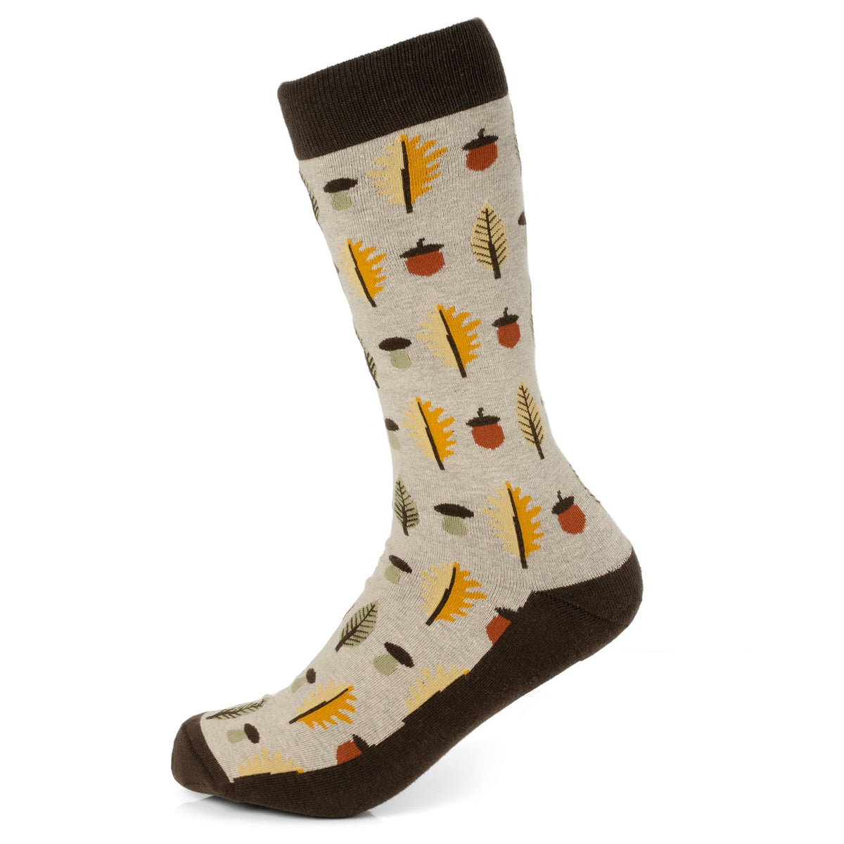Men's crew socks with tan base, dark brown cuffs, and autumn tree/acorn prints
