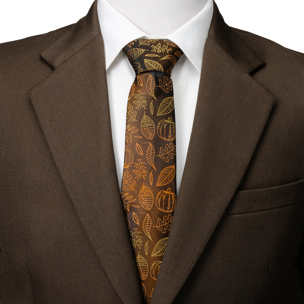 Men's dark brown suit tie with gold fall leaves and pumpkin design
