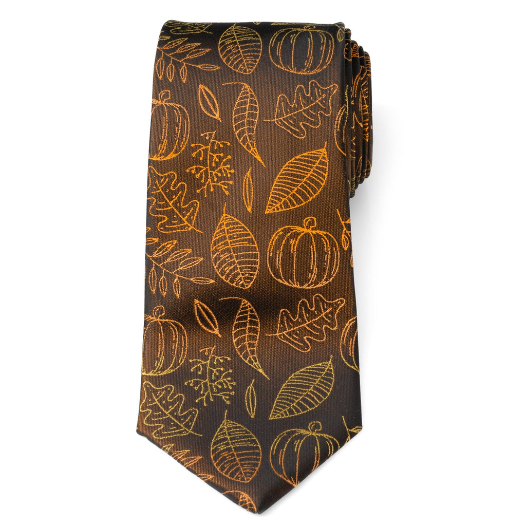 Men's dark brown tie with gold autumn leaf, pumpkin, and acorn pattern