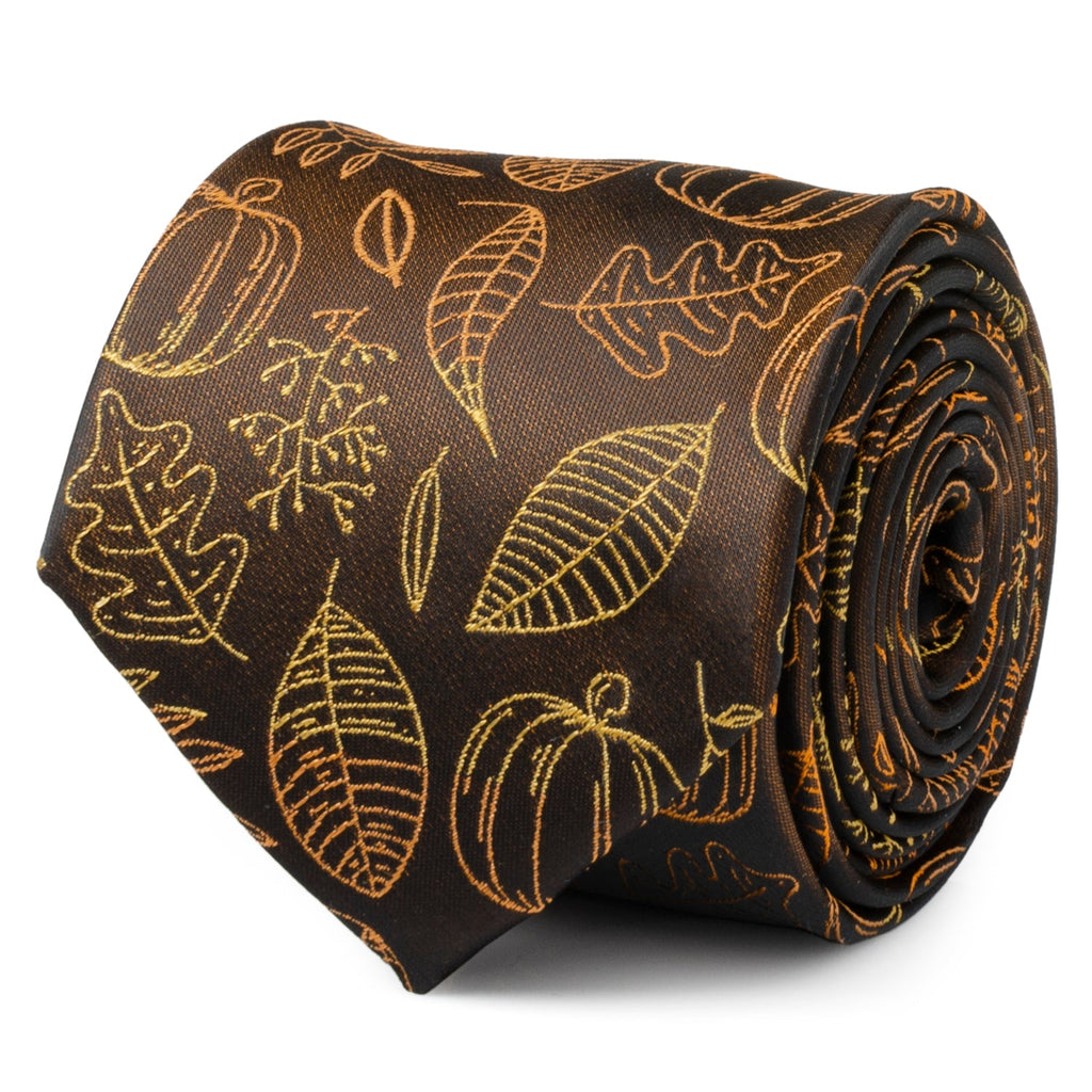 Men's dark brown tie with gold leaf and pumpkin pattern, rolled end