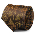 Men's dark brown tie with gold leaf and pumpkin pattern, rolled end