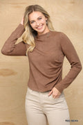 Women’s brown mock neck knit top with long sleeves and side ruching.