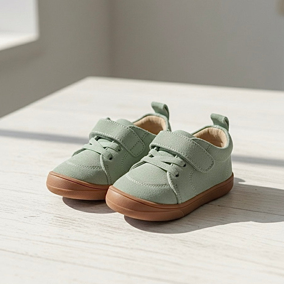 Kids mint-green lace-up barefoot sneakers with low-profile flexible brown sole