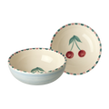 Cherry hand-painted ceramic bowl set, cream with blue-speckled rims and red cherries