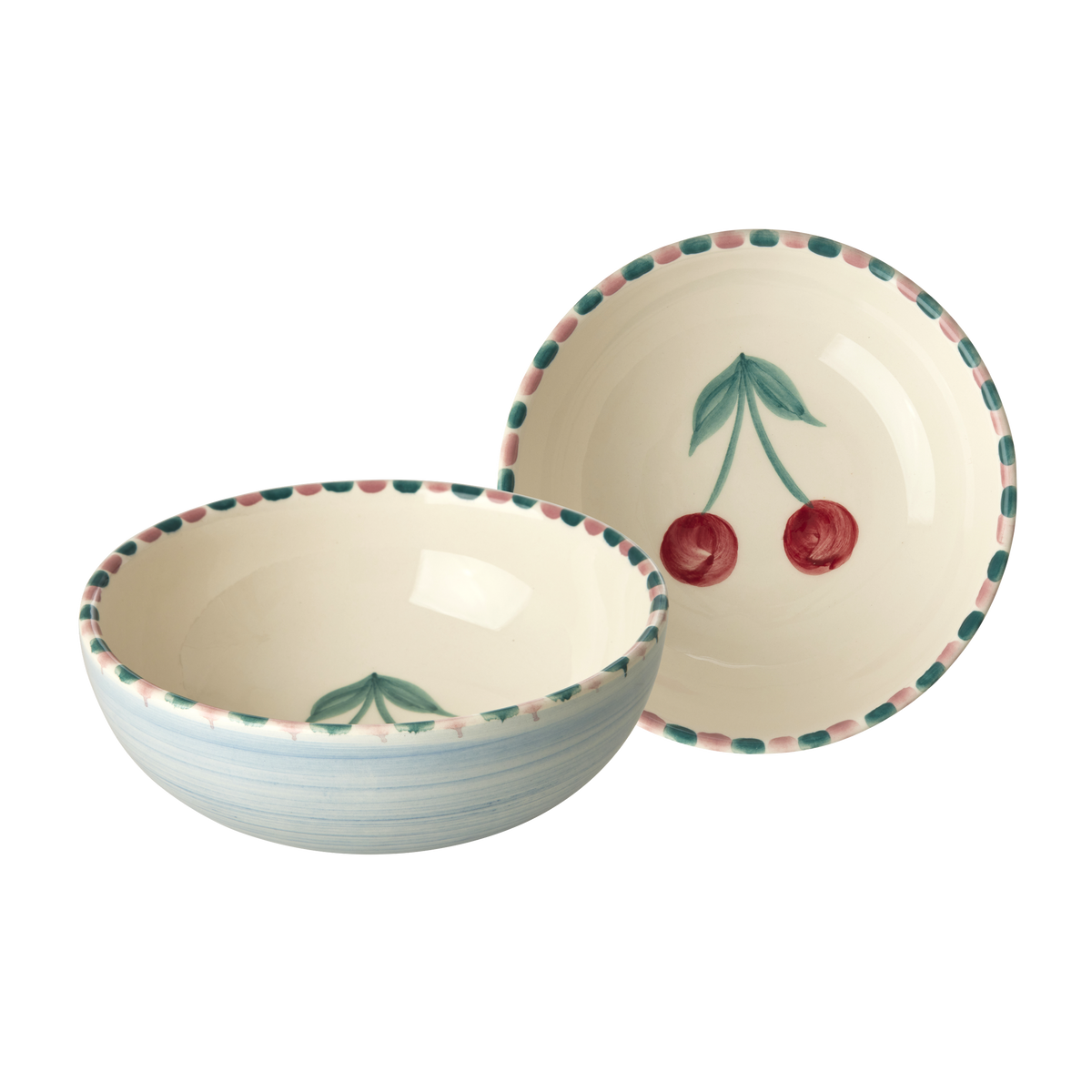 Cherry hand-painted ceramic bowl set, cream with blue-speckled rims and red cherries