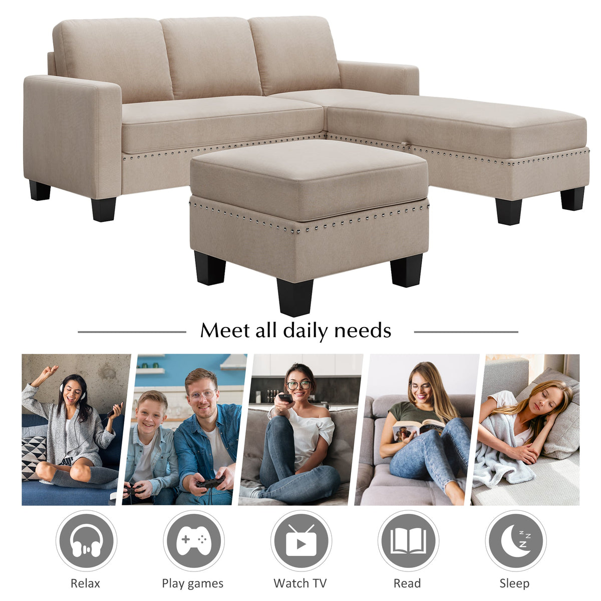 Warm grey fabric L-shaped sectional sofa with ottoman and nailhead trim