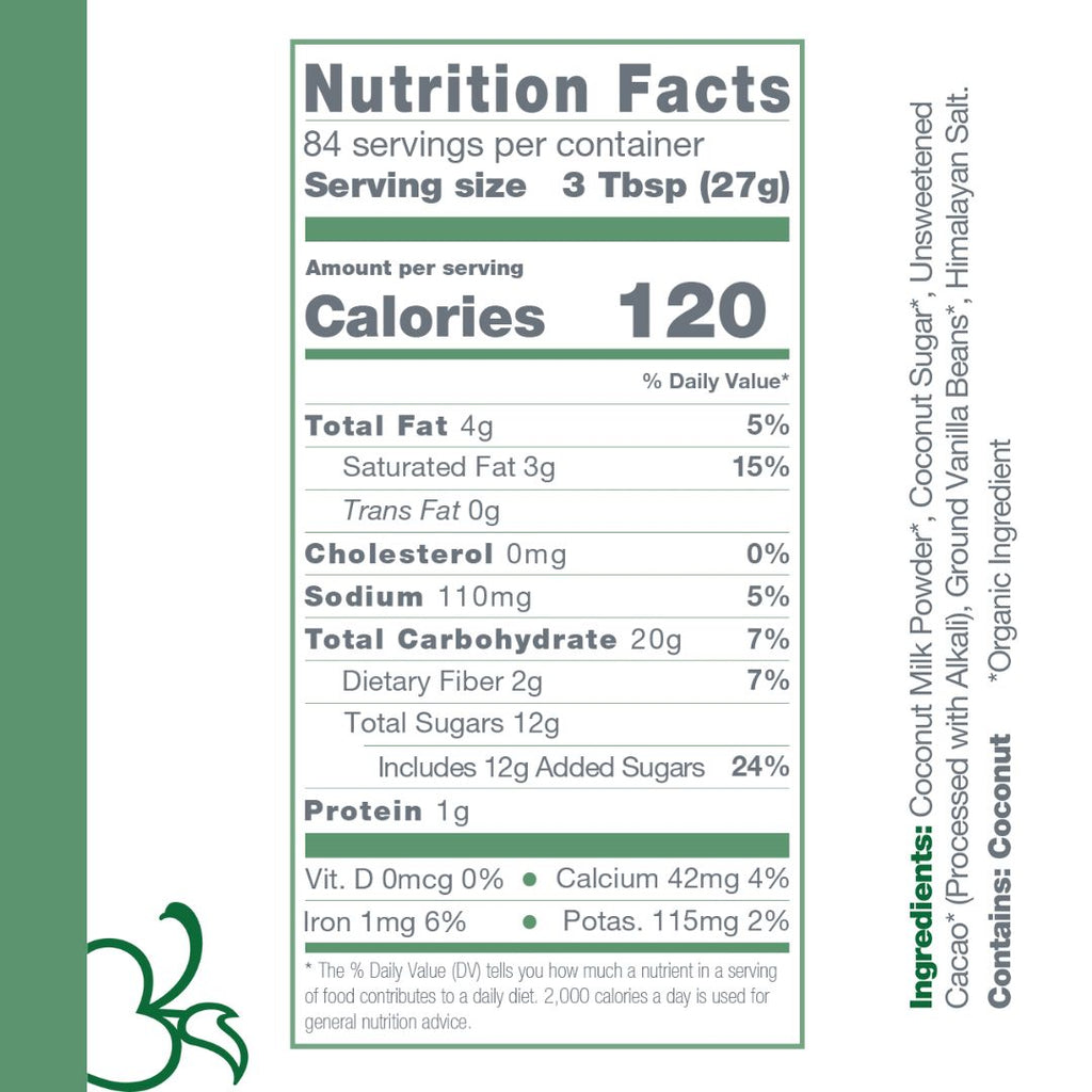 Nutrition facts panel for dairy-free coconut hot cocoa mix on product label