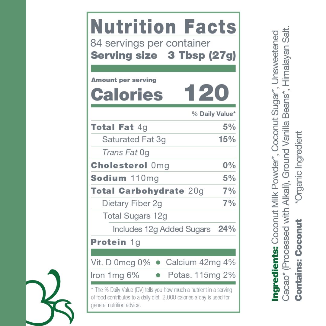 Nutrition facts panel for dairy-free coconut hot cocoa mix on product label
