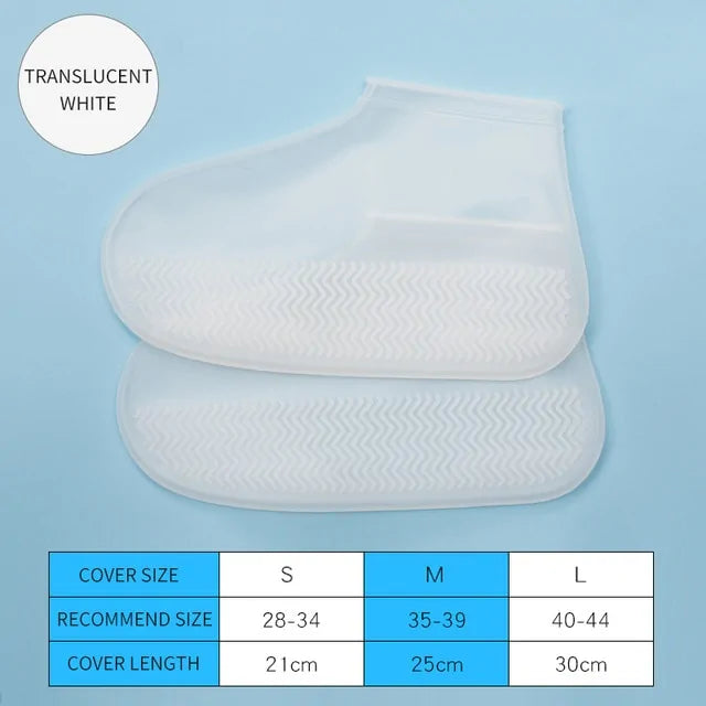 Translucent white silicone waterproof shoe cover boots, stacked pair with zigzag tread