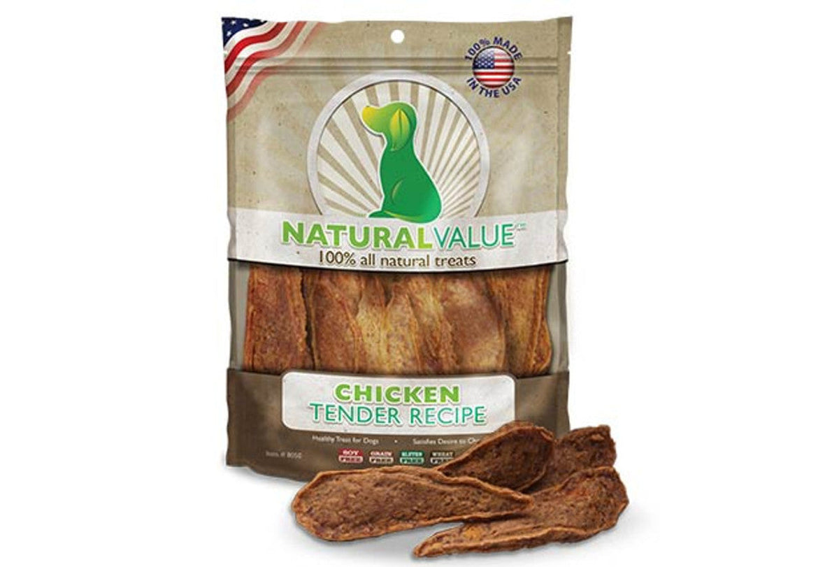 Natural Value chicken tender dog treats in resealable pouch with a few dried strips