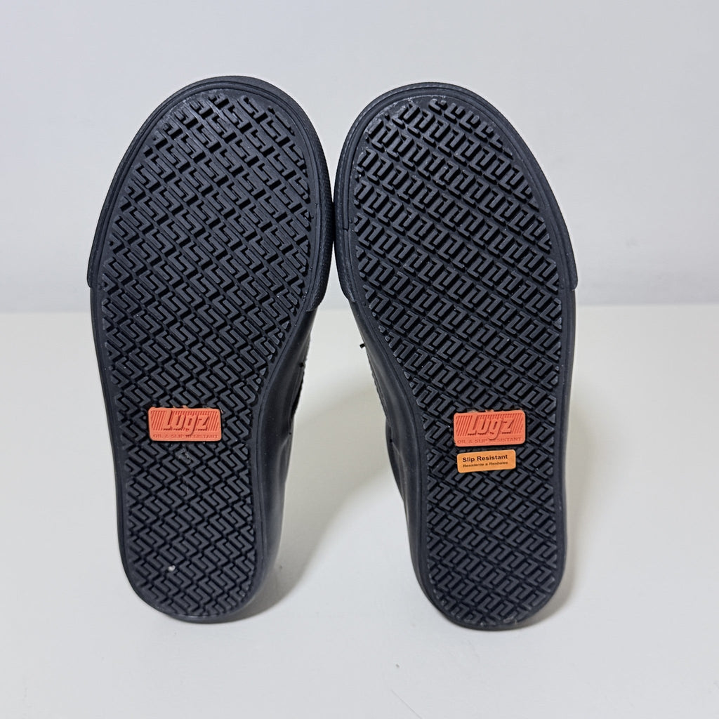 Black slip-resistant outsoles with patterned tread and Lugz logo badges