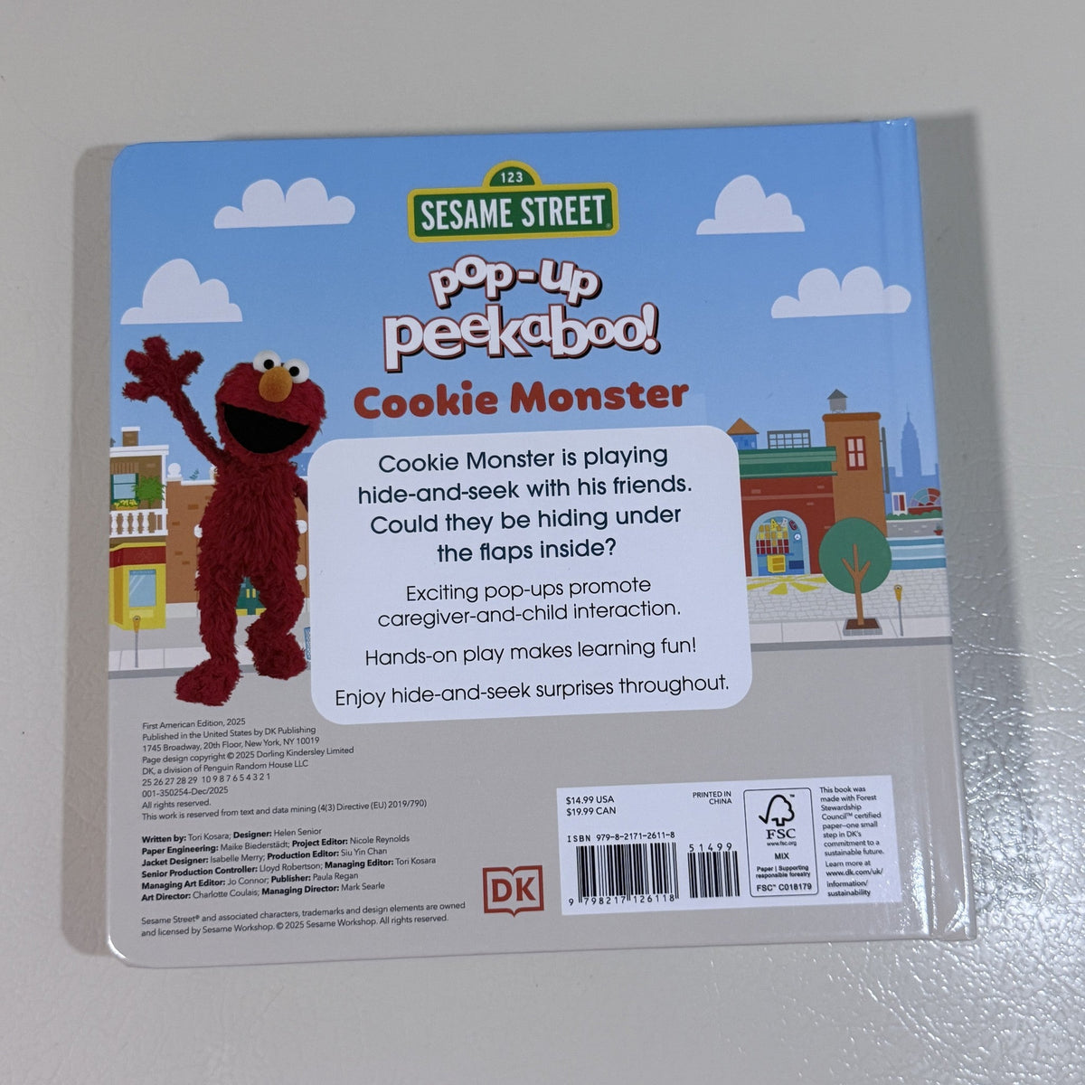 Back cover of pop-up board book with Sesame Street Cookie Monster art