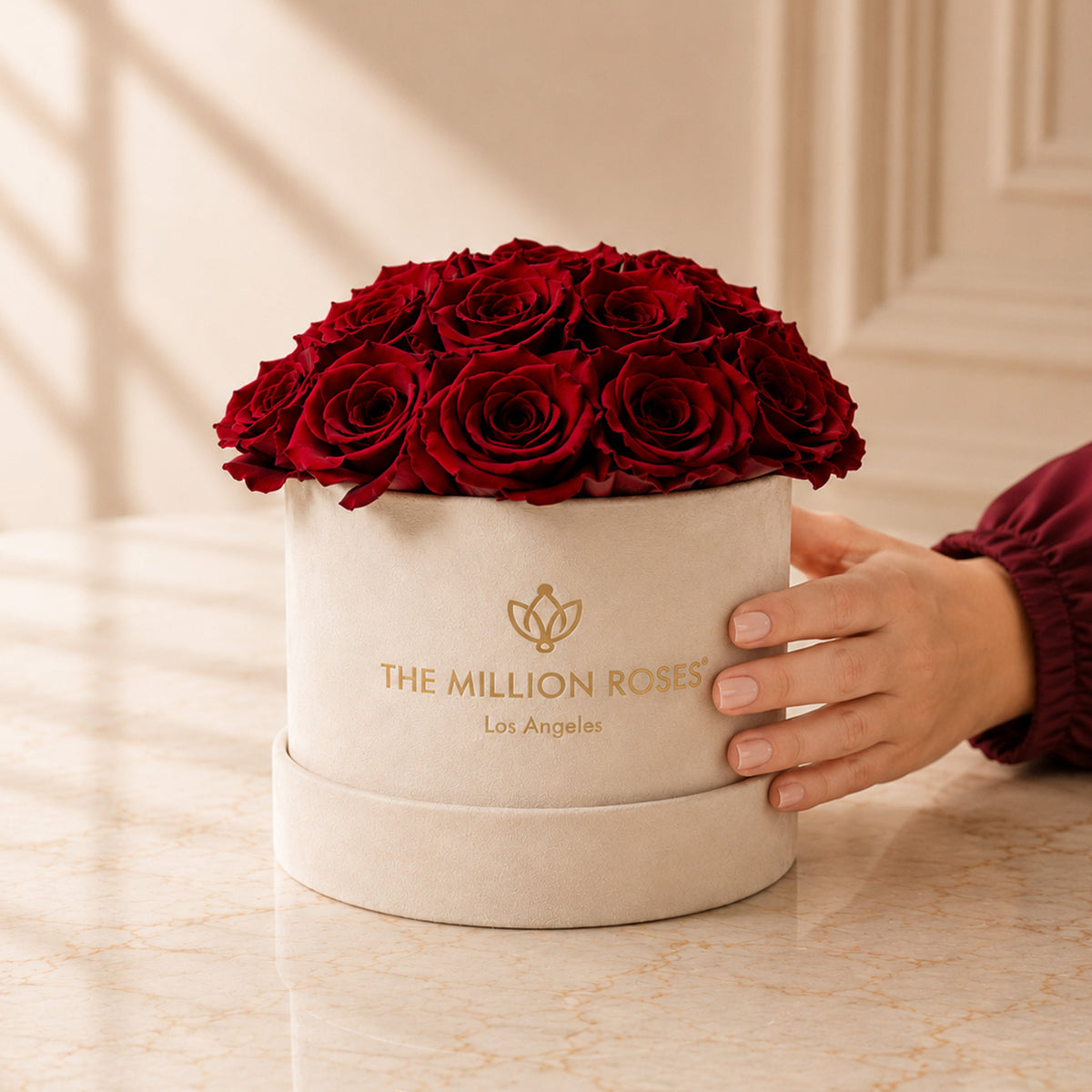 Beige dome rose box with red roses and gold logo, hand holding