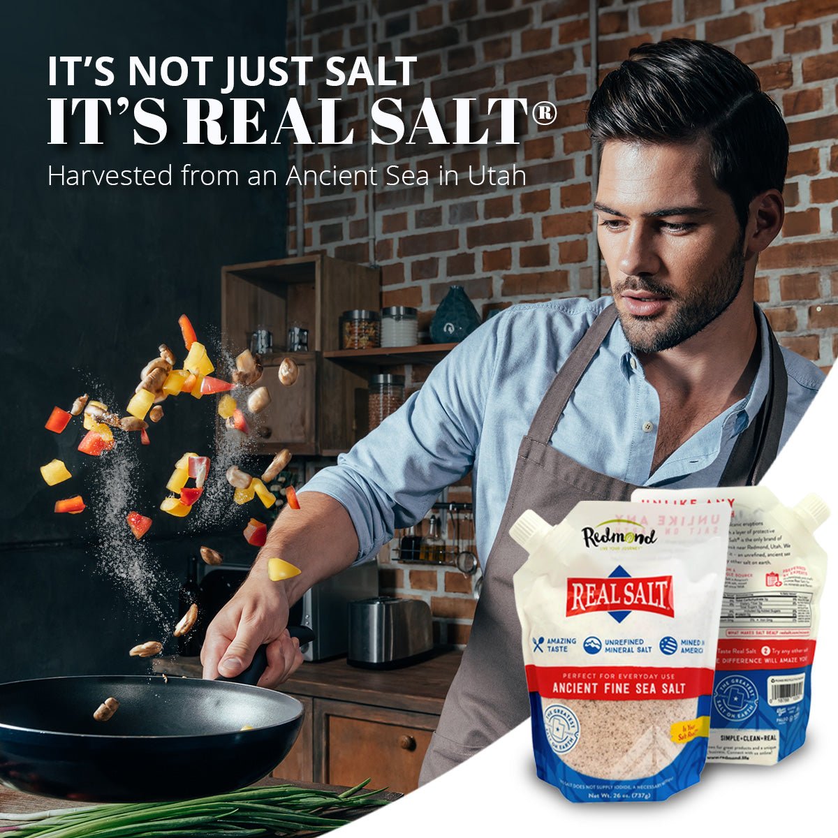 Redmond Real Salt fine-ground salt pouch held near cooking in kitchen