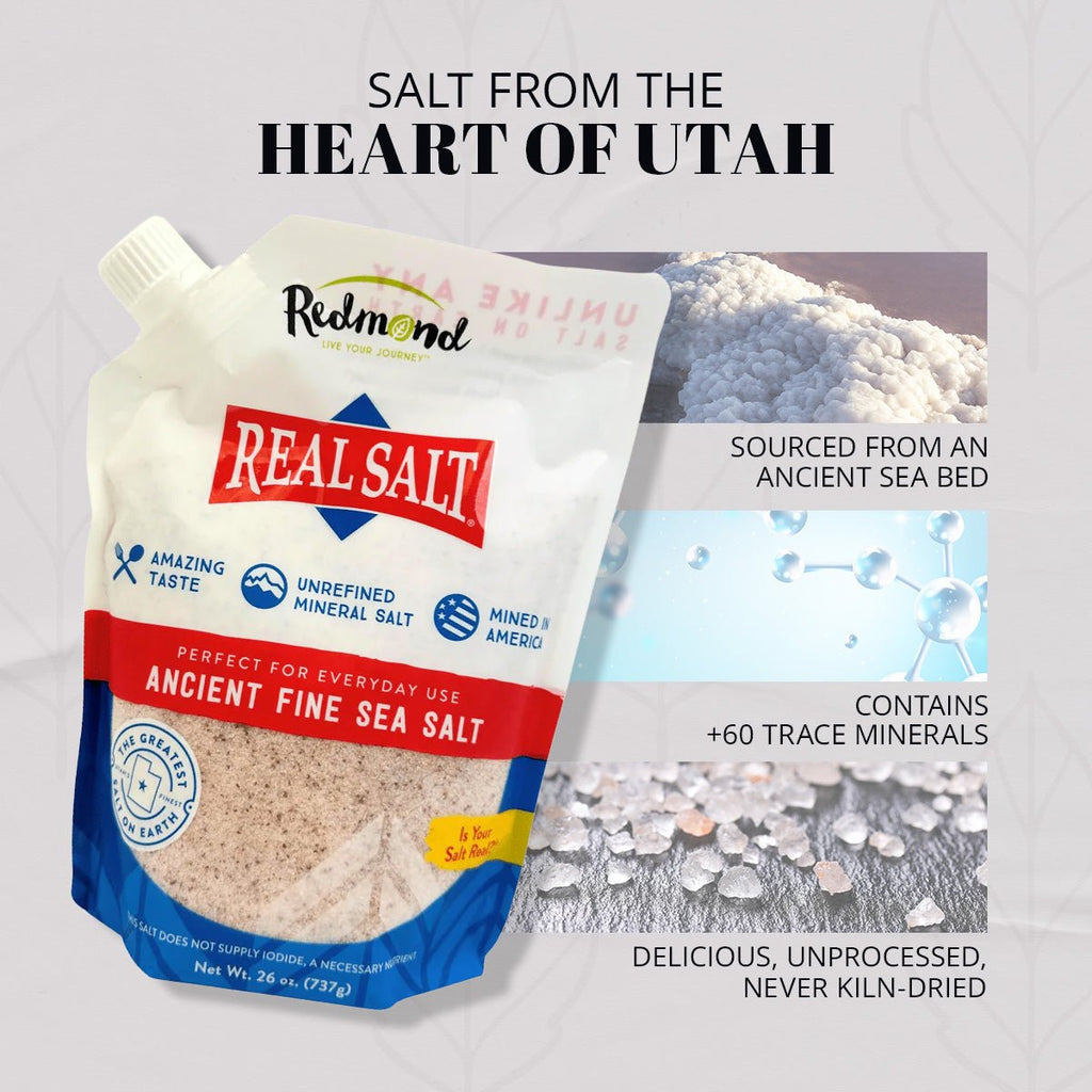 Redmond Real Salt fine-ground salt pouch with product information callouts