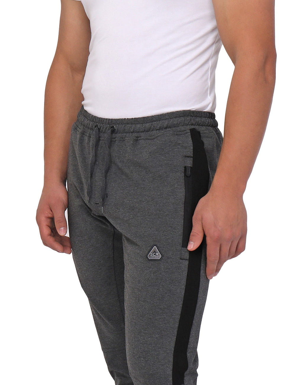 Dark heather grey jogger with zip pocket at side seam and side stripe