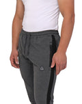 Dark heather grey jogger with zip pocket at side seam and side stripe