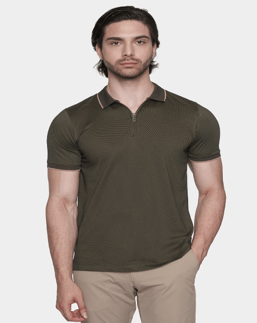 Olive polo shirt with ribbed collar and button placket, short sleeves