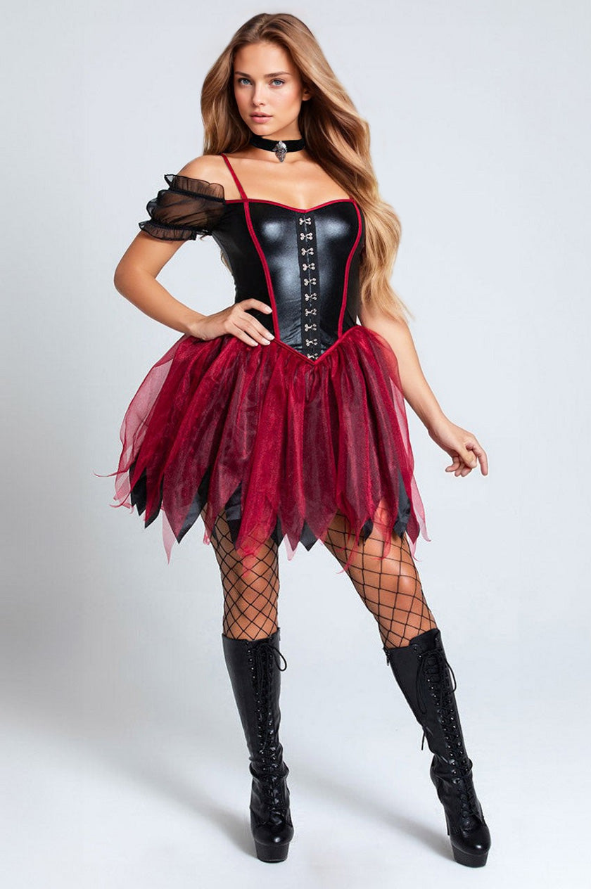 Red hooded costume with black off-shoulder bodice, red tulle skirt, fishnet tights, boots
