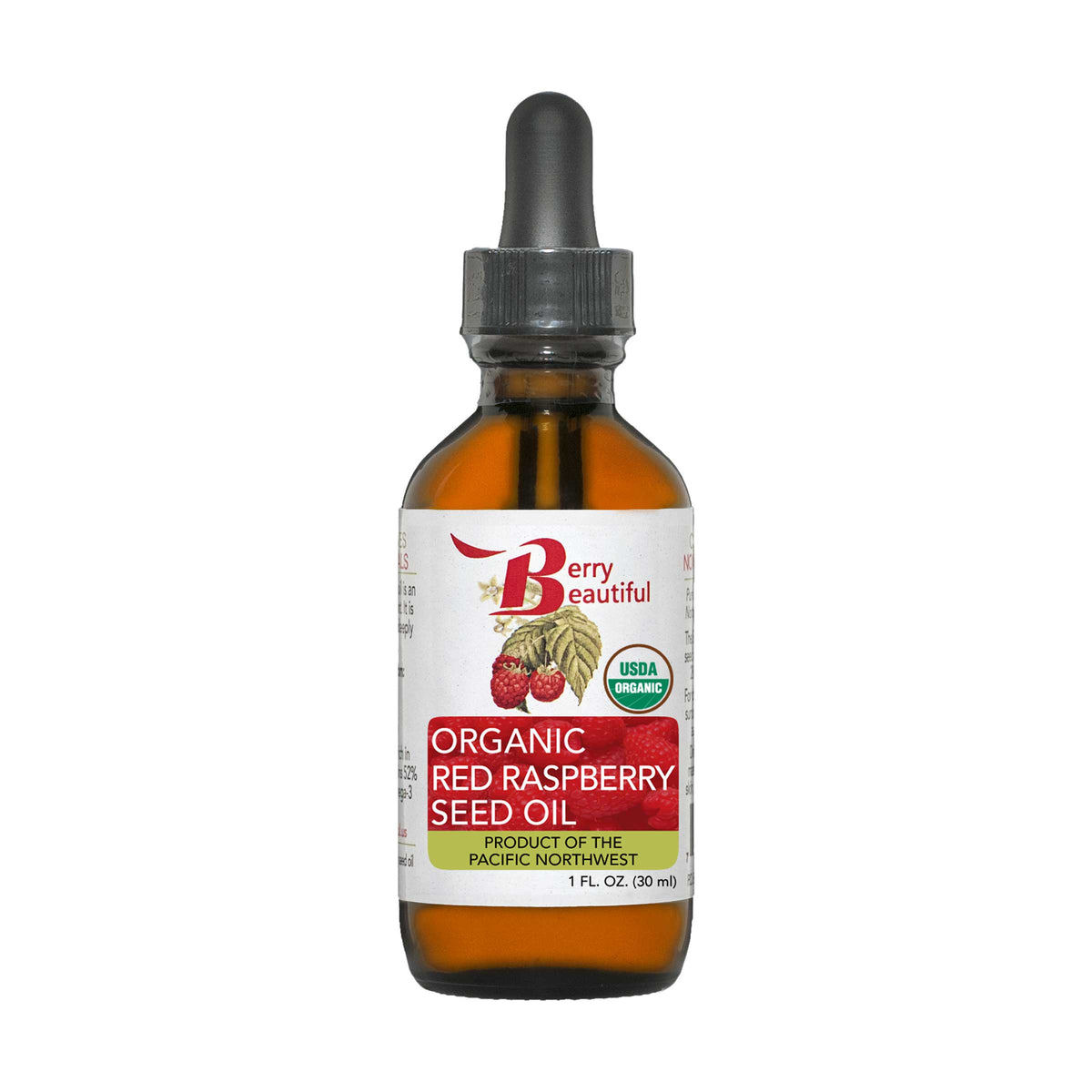 Organic red raspberry seed oil bottle with black dropper, amber glass, front label