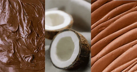 Dark chocolate with coconut caramel and cashew pieces, close-up details