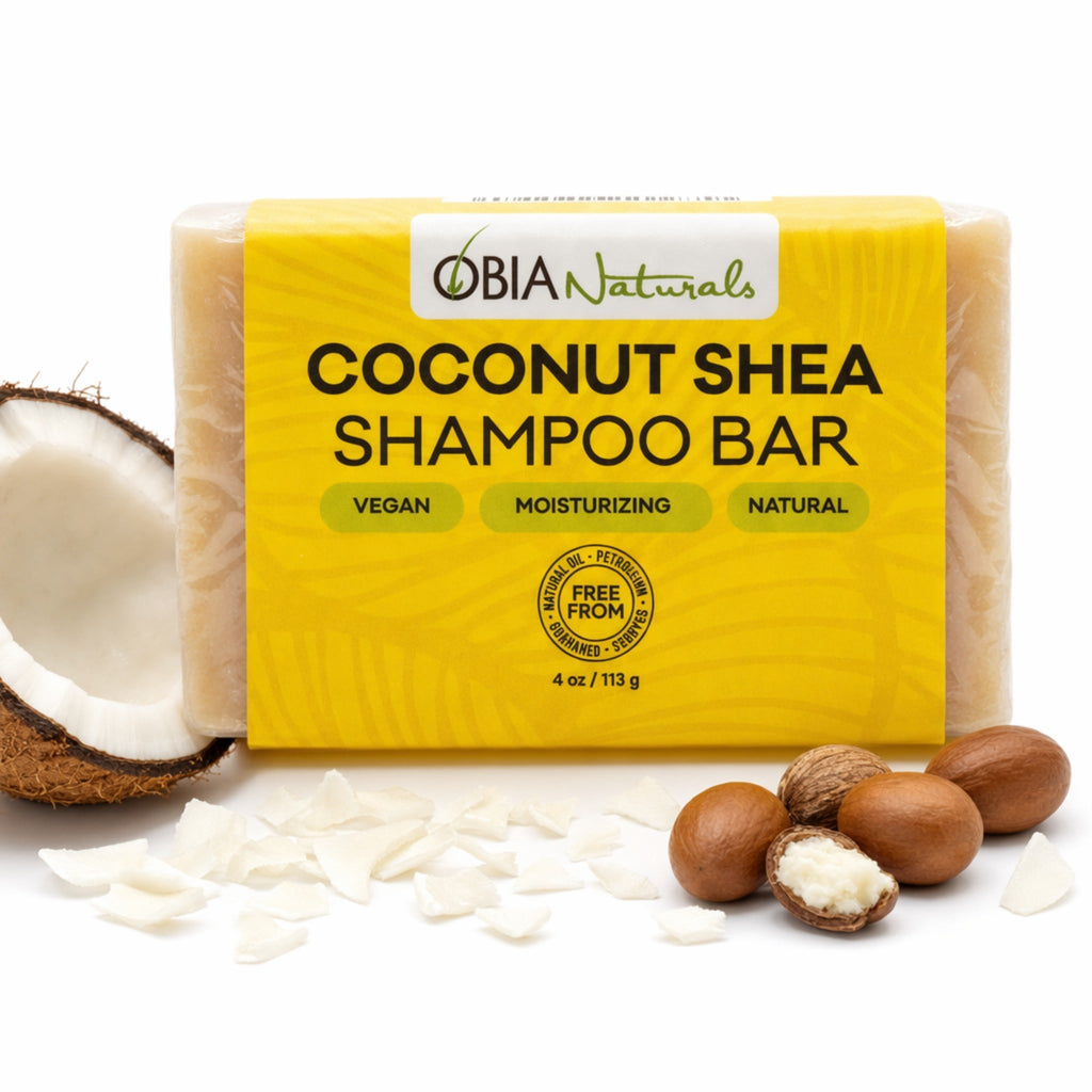 OBIA Naturals Coconut Shea shampoo bar, yellow wrapped soap bar with coconut shells
