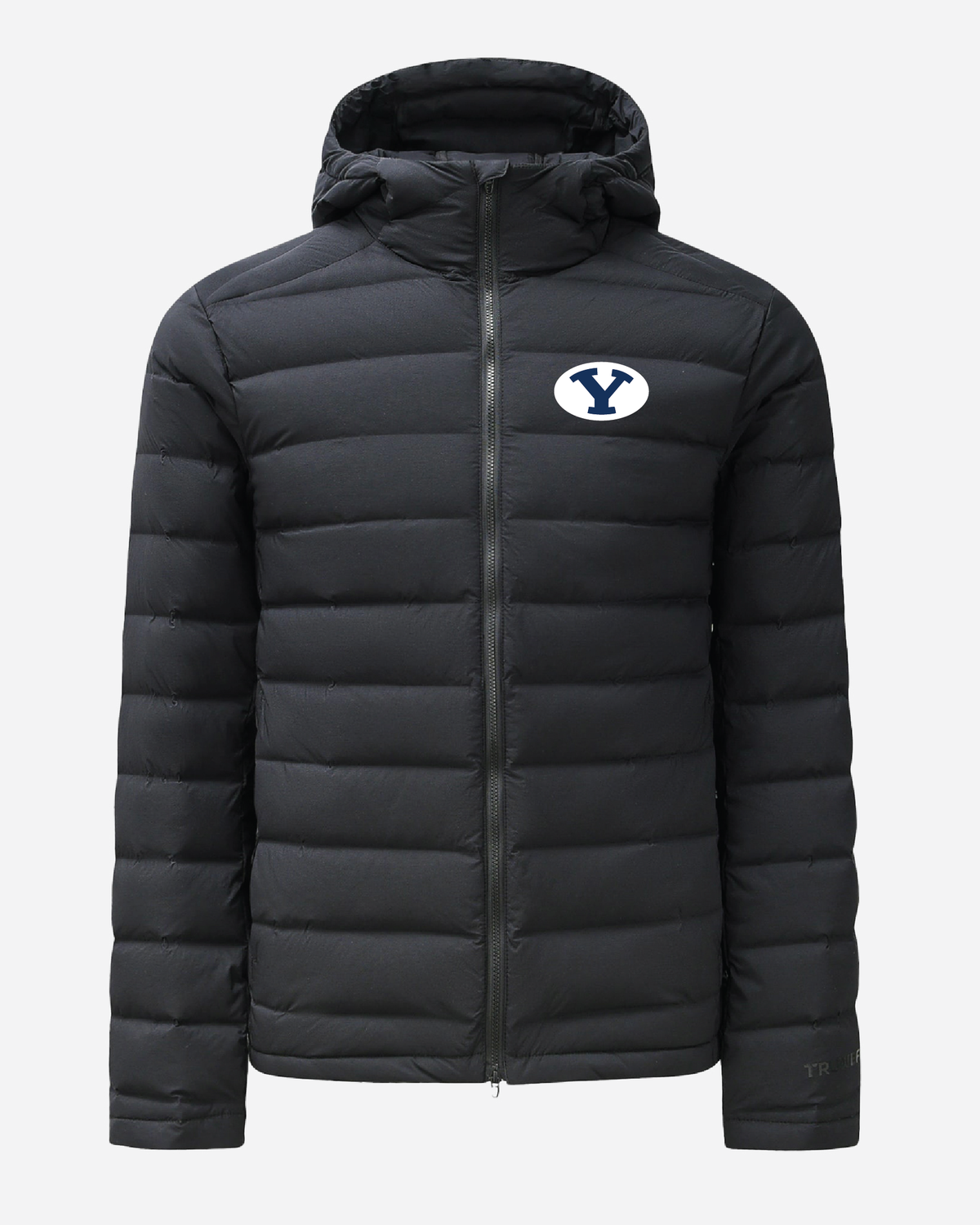 Black puffer down jacket with full-zip front, hood, and BYU logo on upper chest